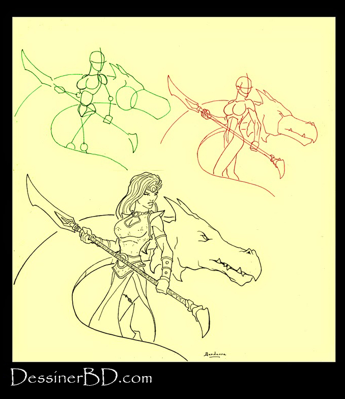 apprendre à dessiner une guerrière et dragon