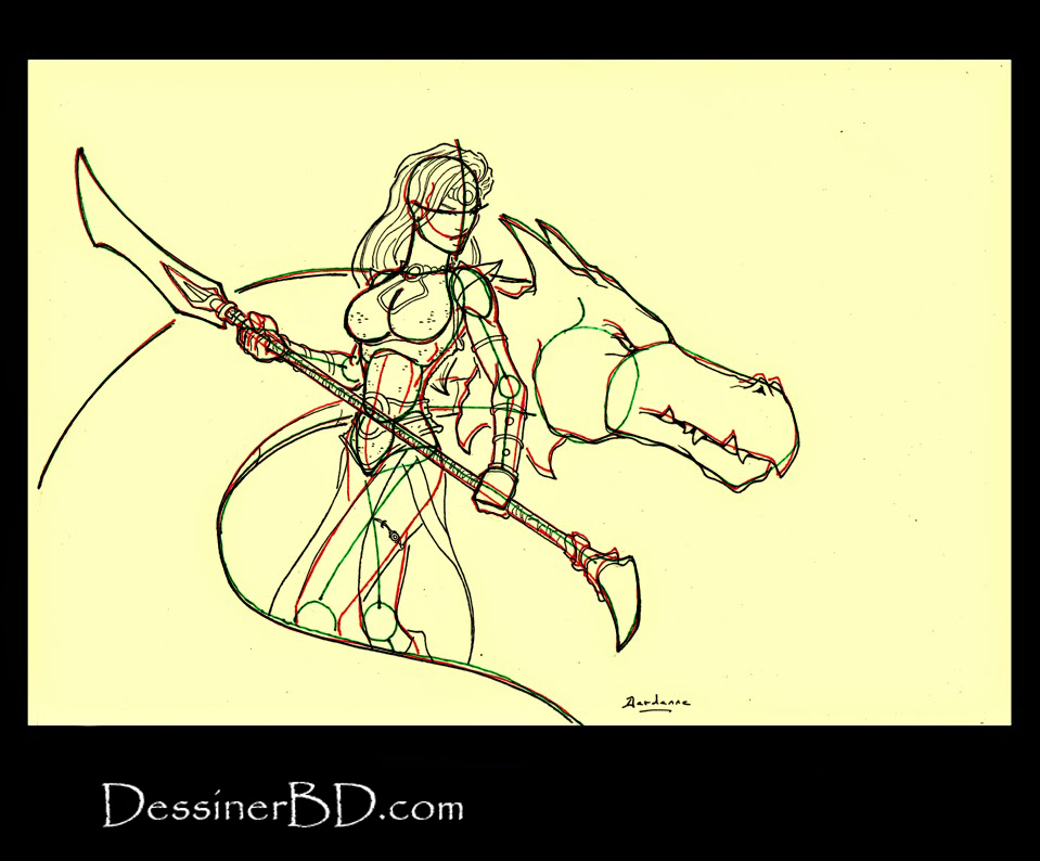 armure et details dessiner une guerrière et dragon