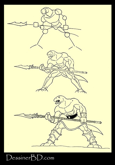 apprendre à dessiner homme-lézard avec lance