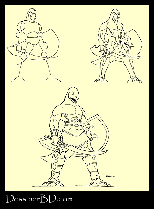 apprendre à dessiner homme-lézard avec épée bouclier