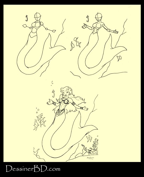 apprendre à dessiner sirène et hippocampe