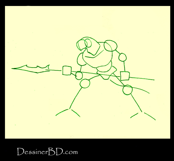 dessiner formes homme-lézard avec lance
