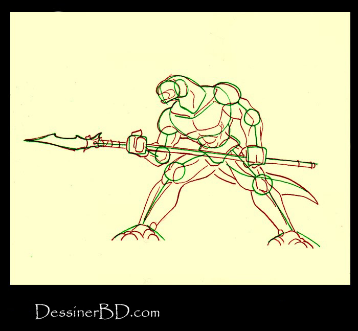 dessiner anatomie homme-lézard avec lance