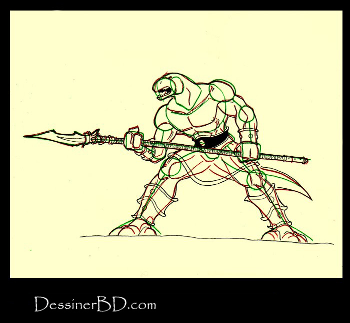 dessiner détails homme-lézard avec lance